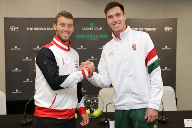 TENNIS - Davis Cup, HUN vs AUT DEBRECEN,HUNGARY,11.SEP.25 - TENNIS - ITF Davis Cup, qualification round 2, Hungary vs Austria, preview, draw and press conference, PK, Pressekonferenz Image shows Filip Misolic (AUT) and Fabian Marozsan (HUN).  GEPAxpictures xWalterxLuger