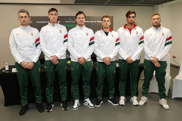 TENNIS - Davis Cup, HUN vs AUT DEBRECEN,HUNGARY,11.SEP.25 - TENNIS - ITF Davis Cup, qualification round 2, Hungary vs Austria, preview, draw and press conference, PK, Pressekonferenz Image shows captain Kornel Bardoczky, Fabian Marozsan, Marton Fucsovics, Zsombor Piros, Peter Fajta and Mate Valkusz (HUN). GEPAxpictures xWalterxLuger