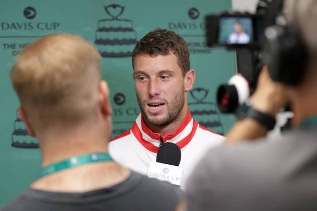 TENNIS - Davis Cup, HUN vs AUT DEBRECEN,HUNGARY,11.SEP.25 - TENNIS - ITF Davis Cup, qualification round 2, Hungary vs Austria, preview, draw and press conference, PK, Pressekonferenz Image shows Filip Misolic (AUT). Keywords: interview.  GEPAxpictures xWalterxLuger