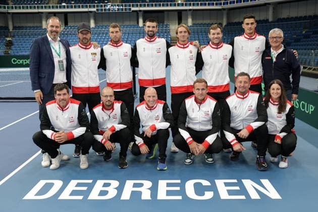 TENNIS - Davis Cup, HUN vs AUT DEBRECEN,HUNGARY,11.SEP.25 - TENNIS - ITF Davis Cup, qualification round 2, Hungary vs Austria, preview, team photo shoot. Image shows from left to the right in front row: assistant coach Gerald Melzer, physical therapist Dominik Jessenk, masseur Werner Farmer, stringer Gerald Laposa, team doctor Ulrich Lanz, team manager Tamara Schandl, in second row: vice president Juergen Roth (OETV), captain Juergen Melzer, Filip Misolic, Jurij Rodionov, Lukas Neumayer, Lucas Miedler, Alexander Erler (AUT) and managing director Thomas Schweda (OETV). GEPAxpictures xWalterxLuger
