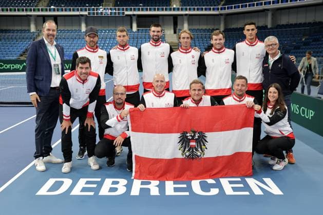 TENNIS - Davis Cup, HUN vs AUT DEBRECEN,HUNGARY,11.SEP.25 - TENNIS - ITF Davis Cup, qualification round 2, Hungary vs Austria, preview, team photo shoot. Image shows from left to the right in front row: assistant coach Gerald Melzer, physical therapist Dominik Jessenk, masseur Werner Farmer, stringer Gerald Laposa, team doctor Ulrich Lanz, team manager Tamara Schandl, in second row: vice president Juergen Roth (OETV), captain Juergen Melzer, Filip Misolic, Jurij Rodionov, Lukas Neumayer, Lucas Miedler, Alexander Erler (AUT) and managing director Thomas Schweda (OETV). GEPAxpictures xWalterxLuger