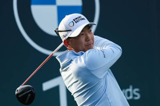 11th September 2025; Wentworth Club, London, England; The BMW PGA, Golf Herren Championship Round 1; Michael Kim of USA tees off from the 1st tee  HenningxvonxJagow
