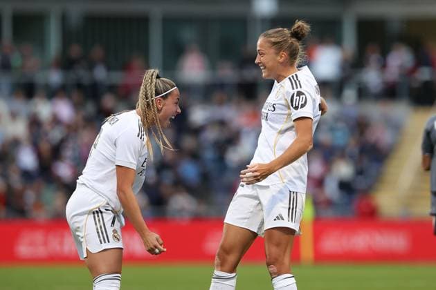 2025 09 10 xJFx Soccer UEFA Women Champions League Qualification Eintracht Frankfurt Real Madrid v l , Athenea Real Madrid and Filippa Angeldahl Real Madrid Torjubel, Goal celebration, celebrate the goal DFL DFB REGULATIONS PROHIBIT ANY USE OF PHOTOGRAPHS as IMAGE SEQUENCES and or QUASI VIDEO Copyright: JoaquimxFerreira