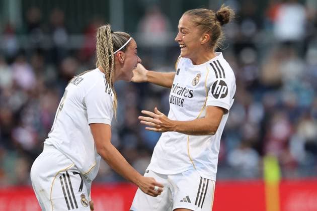 2025 09 10 xJFx Soccer UEFA Women Champions League Qualification Eintracht Frankfurt Real Madrid v l , Athenea Real Madrid and Filippa Angeldahl Real Madrid Torjubel, Goal celebration, celebrate the goal DFL DFB REGULATIONS PROHIBIT ANY USE OF PHOTOGRAPHS as IMAGE SEQUENCES and or QUASI VIDEO Copyright: JoaquimxFerreira