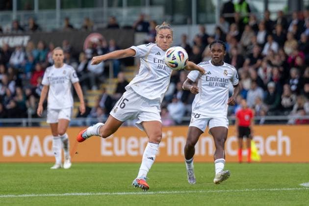 11 09 2025, xhfmx, Football Quali Champions League, Eintracht Frankfurt Women Real Madrid Women Ingrid Filippa Angeldahl Real Madrid scores the 0 1 for Real Madrid against Eintracht Frankfurt Goal, Goal, DFL DFB REGULATIONS PROHIBIT ANY USE OF PHOTOGRAPHS as IMAGE SEQUENCES and or QUASI VIDEO Frankfurt