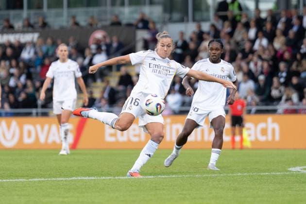 11 09 2025, xhfmx, Football Quali Champions League, Eintracht Frankfurt Women Real Madrid Women Ingrid Filippa Angeldahl Real Madrid scores the 0 1 for Real Madrid against Eintracht Frankfurt Goal, Goal, DFL DFB REGULATIONS PROHIBIT ANY USE OF PHOTOGRAPHS as IMAGE SEQUENCES and or QUASI VIDEO Frankfurt