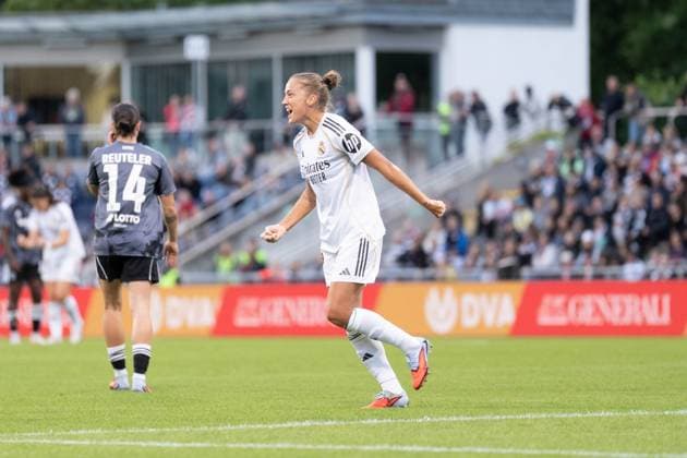 11 09 2025, xhfmx, Soccer Quali Champions League, Eintracht Frankfurt Women Real Madrid Women Ingrid Filippa Angeldahl Real Madrid celebrates the 0 1 against Eintracht Frankfurt Goal, Goal, Jubel, Celebration DFL DFB REGULATIONS PROHIBIT ANY USE OF PHOTOGRAPHS as IMAGE SEQUENCES and or QUASI VIDEO Frankfurt