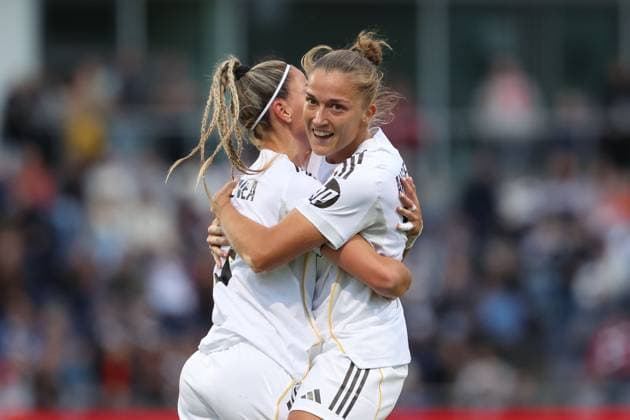 2025 09 10 xJFx Football UEFA Women Champions League Qualification Eintracht Frankfurt Real Madrid v l , Athenea Real Madrid and Filippa Angeldahl Real Madrid Torjubel, Goal celebration, celebrate the goal DFL DFB REGULATIONS PROHIBIT ANY USE OF PHOTOGRAPHS as IMAGE SEQUENCES and or QUASI VIDEO Copyright: JoaquimxFerreira