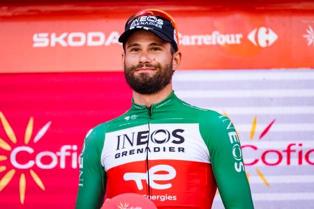 La Vuelta - 80th Tour of Spain 2025 - Stage 18 (ITT) Filippo Ganna of Italy and Team INEOS Grenadiers celebrates at podium as stage winner during the La Vuelta - 80th Tour of Spain 2025, Stage 18 a 12.2km individual time trial stage on September 11, 2025 in Valladolid, Spain. Valladolid Valladolid Spain Copyright: xAlbertoxGardinx AGardin_20250911_Cycling_Vuelta_ITT_0034