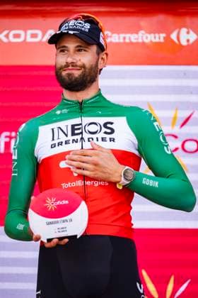 La Vuelta - 80th Tour of Spain 2025 - Stage 18 (ITT) Filippo Ganna of Italy and Team INEOS Grenadiers celebrates at podium as stage winner during the La Vuelta - 80th Tour of Spain 2025, Stage 18 a 12.2km individual time trial stage on September 11, 2025 in Valladolid, Spain. Valladolid Valladolid Spain Copyright: xAlbertoxGardinx AGardin_20250911_Cycling_Vuelta_ITT_0038