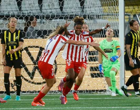 GOTHENBURG, SWEDEN 20250911 AtlÃ tico s 22 Luany celebrates 0 1 with teammates during Thursday s football match, third qualifying round match 1 in best of 2, between BK Häcken and AtlÃ tico de Madrid at Bravida arena GÖTEBORG SWEDEN x9200x  Copyright: xAdamxIhse TTx CHAMPIONS LEAGUE HÄCKEN-ATLETICO MADRID