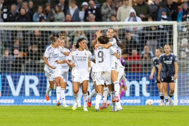 UWCL Qualification Eintracht Frankfurt Real Madrid, 11 09 2025 Celebration for 0 2 by Signe Bruun Real Madrid, 9 goal goal celebration First leg of the UEFA Womens Champions League Qualification, 3rd round, between Eintracht Frankfurt and Real Madrid at the Stadion am Brentanobad in Frankfurt am Main on 11 09 2025 Copyright: xBEAUTIFULxSPORTS Hahnex