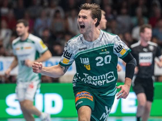 Ludvig Hallbaeck Frisch Auf Goeppingen, 20 cheers loudly after a goal, Frisch Auf Goeppingen vs SC DHfK Leipzig, Handball, 1 Bundesliga, Men, Season 2025 2026, 11 09 2025, Frisch Auf Goeppingen vs SC DHfK Leipzig, Handball, 1 Bundesliga, Men, Season 2025 2026, 11 09 2025 Goeppingen Copyright: xEibner-Pressefoto MichaelxSchmidx EP_MST