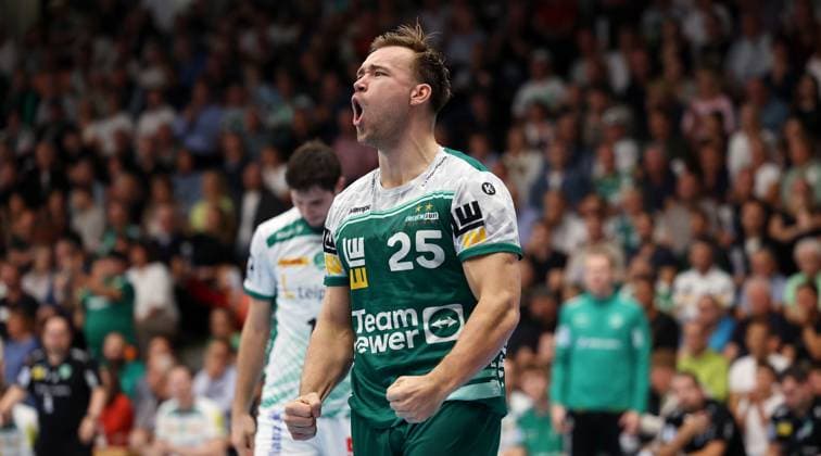 BAU 11 09 2025 Göppingen Handball Frisch Auf Göppingen vs SC DHfK Leipzig, Ludvig Jurmala Aström Göppingen cheers and clenches its fists