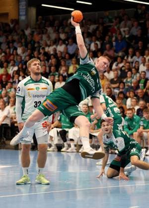 BAU 11 09 2025 Göppingen Handball Frisch Auf Göppingen vs SC DHfK Leipzig, Ymir Örn Gislason Göppingen on the ball