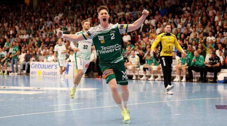 BAU 11 09 2025 Göppingen Handball Frisch Auf Göppingen vs SC DHfK Leipzig, Oskar Neudeck Göppingen rejoices