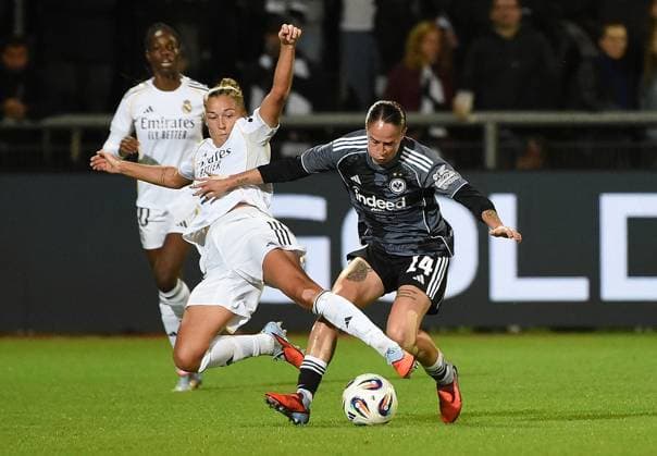 11 09 2025, xhbx, Soccer Quali Champions League, Eintracht Frankfurt Women Real Madrid Women v l Filippa Angeldahl Real Madrid , Geraldine Reuteler Eintracht Frankfurt Women DFL DFB REGULATIONS PROHIBIT ANY USE OF PHOTOGRAPHS as IMAGE SEQUENCES and or QUASI VIDEO Frankfurt