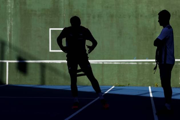 Jakub Mensik and his fitness coach Jan Pospisil during the preparation for the qualifying match between the USA and the Czech Republic for the final group of the Davis Cup 2025 at the Delray Beach Tennis Center in Delray Beach, USA, 11 September 2025. (CTKxPhoto PavelxLebeda) CTKPhotoF202509110010801  CTKPhotoF202509110010801