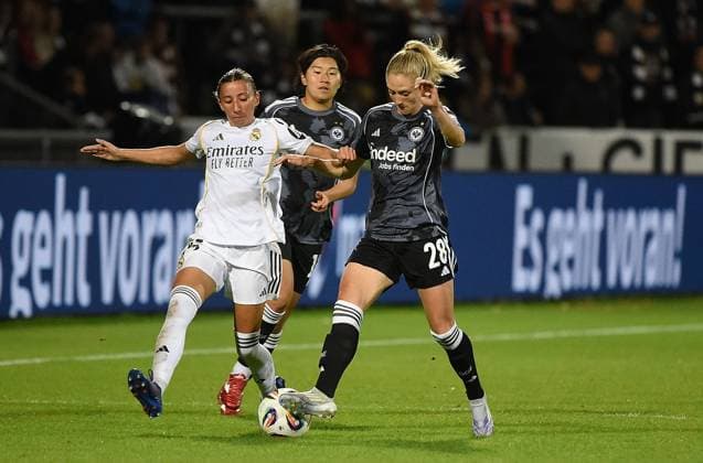 11 09 2025, xhbx, Soccer Quali Champions League, Eintracht Frankfurt Women Real Madrid Women v l Sheila Garcia Real Madrid , Remina Chiba Eintracht Frankfurt Women , Rebecka Blomqvist Eintracht Frankfurt Women DFL DFB REGULATIONS PROHIBIT ANY USE OF PHOTOGRAPHS as IMAGE SEQUENCES and or QUASI VIDEO Frankfurt