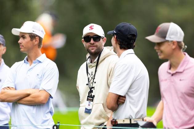 September 11, 2025, Napa, California, United States: NAPA, CA - SEPTEMBER 11: Andrew Larkin head coach of the Santa Clara University golf team watches Matt McCarty of the United States on hole 8 during the Procore Championship 2025 - Round One at Silverado Resort on September 11, 2025 in Napa, California. Procore Championship 2025 - Round One  - ZUMAt139 20250911_aaa_t139_019 Copyright: xAlxChang IsixPhotosx