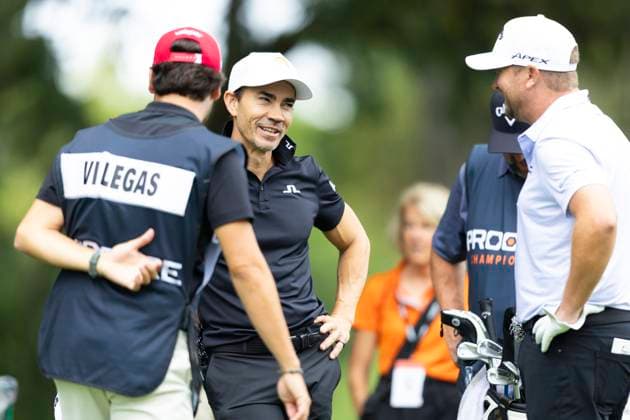 September 11, 2025, Napa, California, United States: NAPA, CA - SEPTEMBER 11: Camilo Villegas of Columbia and Brice Garnett of the United States wait to tee off on hole 8 during the Procore Championship 2025 - Round One at Silverado Resort on September 11, 2025 in Napa, California. Procore Championship 2025 - Round One  - ZUMAt139 20250911_aaa_t139_024 Copyright: xAlxChang IsixPhotosx