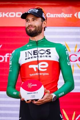 La Vuelta - 80th Tour of Spain 2025 - Stage 18 (ITT) Filippo Ganna of Italy and Team INEOS Grenadiers celebrates at podium as stage winner during the La Vuelta - 80th Tour of Spain 2025, Stage 18 a 12.2km individual time trial stage on September 11, 2025 in Valladolid, Spain. Valladolid Valladolid Spain Copyright: xAlbertoxGardinx AGardin_20250911_Cycling_Vuelta_ITT_0039