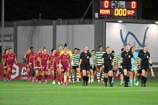Soccer, Woman champions league 2025-2026 As Roma - Sporting Club de Portugal Roma playerÕs,Sporting club de Portugal player s during the third qualifying round Woman champions league match between As Roma - Sporting Club de Portugal at Tre Fontane stadium in Rome, Italy, September 11st, 2025. Imago Images Emmefoto Copyright: xImagoxImages Emmefotox