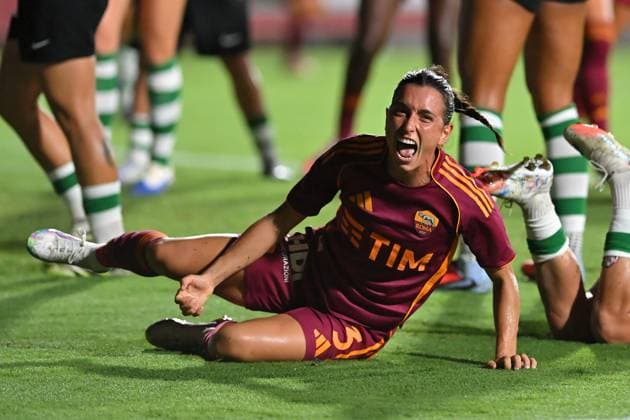 Soccer, Woman champions league 2025-2026 As Roma - Sporting Club de Portugal Lucia Di Guglielmo of AS Roma celebrates scoring her goal during the third qualifying round Woman champions league match between As Roma - Sporting Club de Portugal at Tre Fontane stadium in Rome, Italy, September 11st, 2025. Imago Images Emmefoto Copyright: xImagoxImages Emmefotox