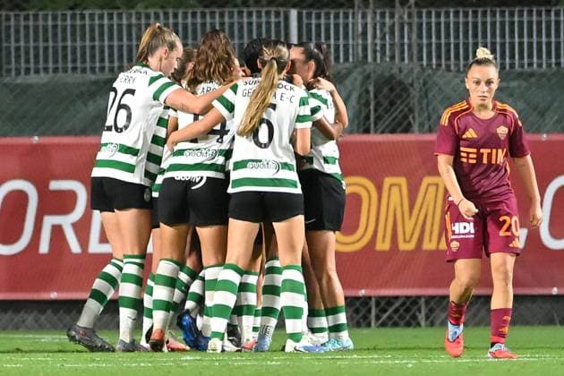 Soccer, Woman champions league 2025-2026 As Roma - Sporting Club de Portugal Sporting club de Portugal player s celebrates scoring goal during the third qualifying round Woman champions league match between As Roma - Sporting Club de Portugal at Tre Fontane stadium in Rome, Italy, September 11st, 2025. Imago Images Emmefoto Copyright: xImagoxImages Emmefotox