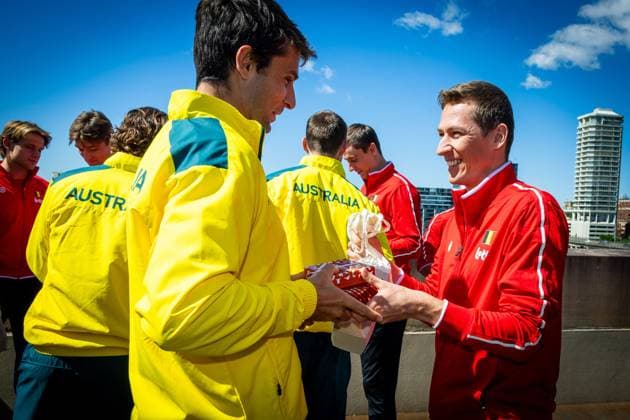 John Peers and Alek Vukic pictured aftera a press conference, PK, Pressekonferenz of the Belgian and Australian teams, Friday 12 September 2025, in Ken Rosewall Arena, Sydney, Australia. Belgium and Australia will compete this weekend in the second round of the Davis Cup qualifiers. PATRICKxHAMILTON  x134001445x