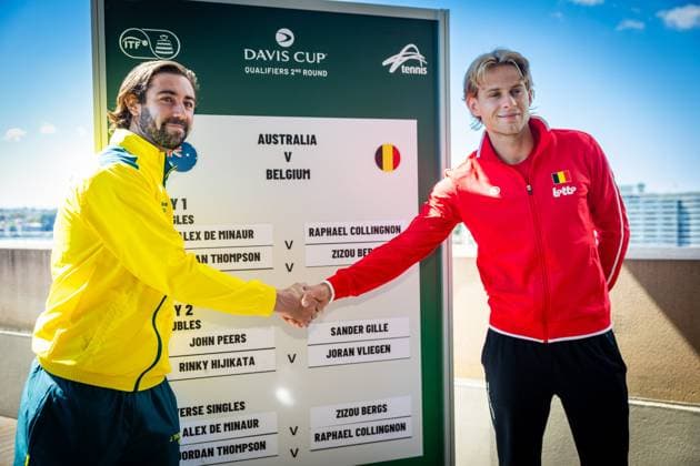 Australian Jordan Thompson and Belgian Zizou Bergs pictured duringa the draw ahead of the Davis Cup qualifier between Australia and Belgium, Friday 12 September 2025, in Ken Rosewall Arena, Sydney, Australia. PATRICKxHAMILTON  x134001567x