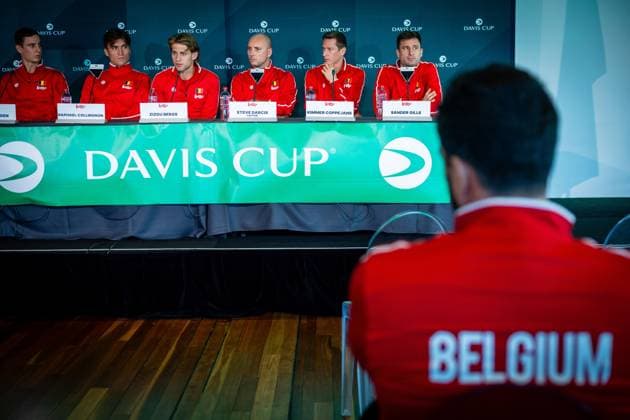 Belgian Joran Vliegen, Belgian Raphael Collignon, Belgian Zizou Bergs, Belgian captain Steve Darcis, Belgian Kimmer Coppejans and Belgian Sander Gille pictured duringa a press conference, PK, Pressekonferenz of the Belgian and Australian teams, Friday 12 September 2025, in Ken Rosewall Arena, Sydney, Australia. Belgium and Australia will compete this weekend in the second round of the Davis Cup qualifiers. PATRICKxHAMILTON x134001708x