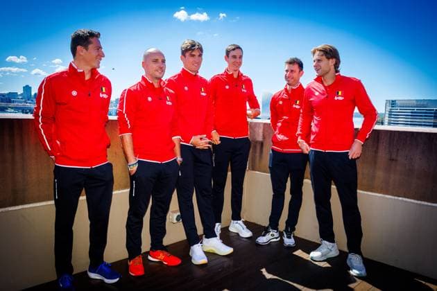 Belgian Kimmer Coppejans, Belgian captain Steve Darcis, Belgian Raphael Collignon, Belgian Joran Vliegen, Belgian Sander Gille and Belgian Zizou Bergs pictured in marge ofa a press conference, PK, Pressekonferenz of the Belgian and Australian teams, Friday 12 September 2025, in Ken Rosewall Arena, Sydney, Australia. Belgium and Australia will compete this weekend in the second round of the Davis Cup qualifiers. PATRICKxHAMILTON x134002539x