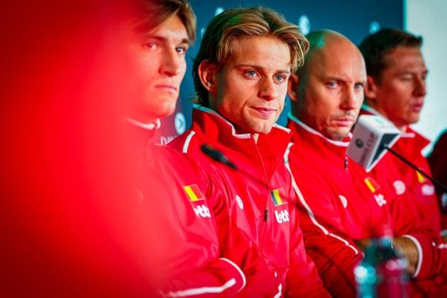 Belgian Raphael Collignon, Belgian Zizou Bergs and Belgian captain Steve Darcis pictured duringa a press conference, PK, Pressekonferenz of the Belgian and Australian teams, Friday 12 September 2025, in Ken Rosewall Arena, Sydney, Australia. Belgium and Australia will compete this weekend in the second round of the Davis Cup qualifiers. PATRICKxHAMILTON  x134002669x