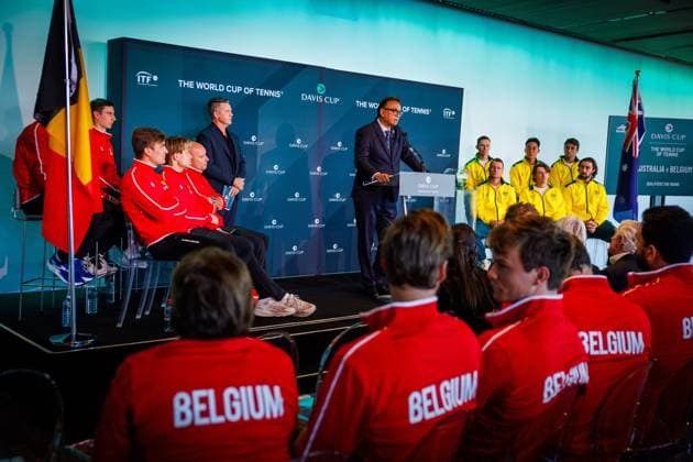 Belgian and Australian teams pictured ata a press conference, PK, Pressekonferenz of the Belgian and Australian teams, Friday 12 September 2025, in Ken Rosewall Arena, Sydney, Australia. Belgium and Australia will compete this weekend in the second round of the Davis Cup qualifiers. PATRICKxHAMILTON  x134002684x