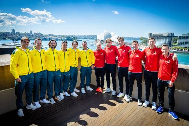 Australian and Belgian teams pose aftera the draw ahead of the Davis Cup qualifier between Australia and Belgium, Friday 12 September 2025, in Ken Rosewall Arena, Sydney, Australia. PATRICKxHAMILTON  x134002721x