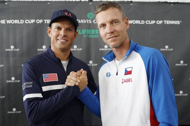 Bob Bryan (left), non-playing captain of the USA, and Czech non-playing captain Tomas Berdych at a press conference, PK, Pressekonferenz before the US-Czech Republic qualifying match for the final group of the Davis Cup 2025 at the Delray Beach Tennis Center in Delray Beach, USA, 11 September 2025. (CTKxPhoto PavelxLebeda) CTKPhotoF202509110051901  CTKPhotoF202509110051901