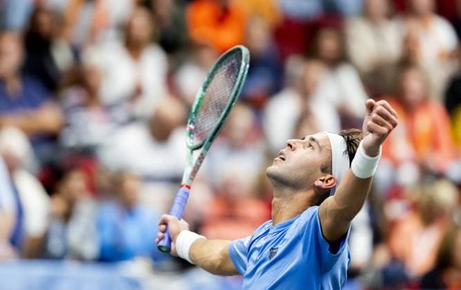 GRONINGEN - Tomas Martin Etcheverry (ARG) after his victory against Jesper de Jong on the first day of the second qualifying round for the Davis Cup Finals between the Netherlands and Argentina at Martiniplaza. ANP SANDER KONING xVIxANPxSportx xxANPxIVx 535969209 originalFilename: 535969209.jpg