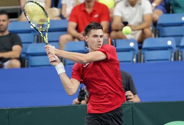 TENNIS - Davis Cup, HUN vs AUT DEBRECEN,HUNGARY,12.SEP.25 - TENNIS - ITF Davis Cup, qualification round 2, Hungary vs Austria. Image shows Fabian Marozsan (HUN).  GEPAxpictures xWalterxLuger
