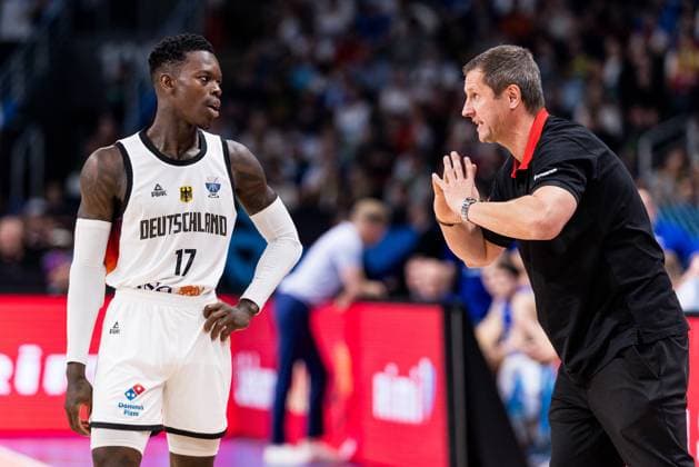 FIBA EuroBasket 2025 Germany Finland 12 09 2025 Dennis Schröder Germany, 17 is coached by Alan Ibrahimagic Co Coach Germany FIBA EuroBasket 2025 Germany Finland Riga, Arena Riga on 12 09 2025 Copyright: xBEAUTIFULxSPORTS Wunderlx