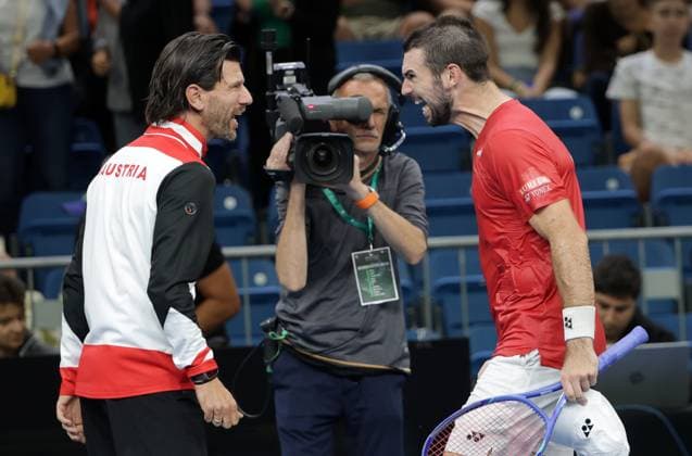 TENNIS - Davis Cup, HUN vs AUT DEBRECEN,HUNGARY,12.SEP.25 - TENNIS - ITF Davis Cup, qualification round 2, Hungary vs Austria. Image shows the rejoicing of captain Juergen Melzer and Jurij Rodionov (AUT).  GEPAxpictures xWalterxLuger