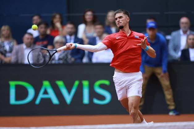Croatia v France - 2025 Davis Cup Qualifiers Second Round: Day 1 Dino Prizmic of Croatia plays a forehand during the 2025 Davis Cup Qualifier second round match between Croatia and France at Dvorana Gradski Vrt on September 12, 2025 in Osijek, Croatia. Photo by Davor Javorovic Pixsell  DavorxJavorovic PIXSELL