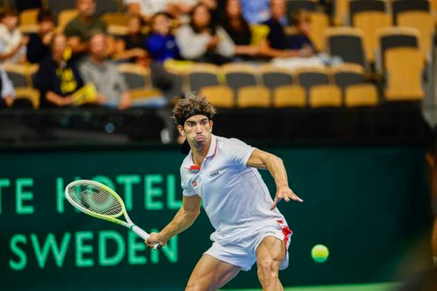PARTILLE, SWEDEN 20250912 Leo Borg during the singles match against Moez Echargui in the Davis Cup match between Sweden and Tunisia in Partille arena PARTILLE SWEDEN x9200x  Copyright: xAdamxIhse TTx DAVIS CUP SWEDEN-TUNISIA