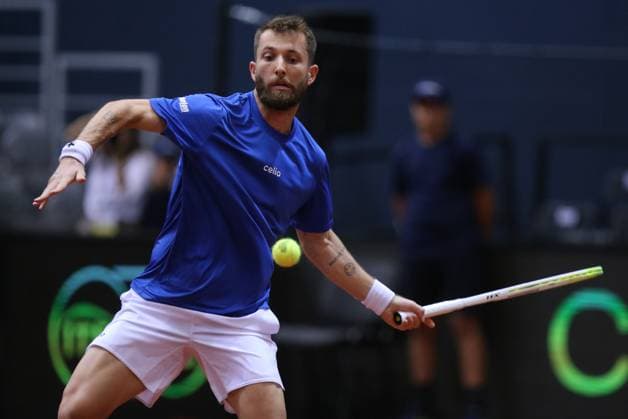 Croatia v France - 2025 Davis Cup Qualifiers Second Round: Day 1 Corentin Moutet of France plays a forehand during the 2025 Davis Cup Qualifier second round match between Croatia and France at Dvorana Gradski Vrt on September 12, 2025 in Osijek, Croatia.  DavidxJerkovic PIXSELL