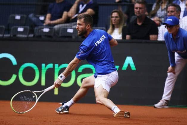 Croatia v France - 2025 Davis Cup Qualifiers Second Round: Day 1 Corentin Moutet of France plays a backhand during the 2025 Davis Cup Qualifier second round match between Croatia and France at Dvorana Gradski Vrt on September 12, 2025 in Osijek, Croatia.  DavidxJerkovic PIXSELL