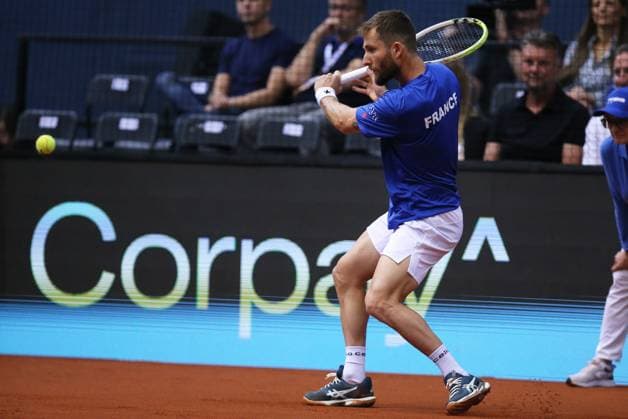 Croatia v France - 2025 Davis Cup Qualifiers Second Round: Day 1 Corentin Moutet of France plays a backhand during the 2025 Davis Cup Qualifier second round match between Croatia and France at Dvorana Gradski Vrt on September 12, 2025 in Osijek, Croatia.  DavidxJerkovic PIXSELL