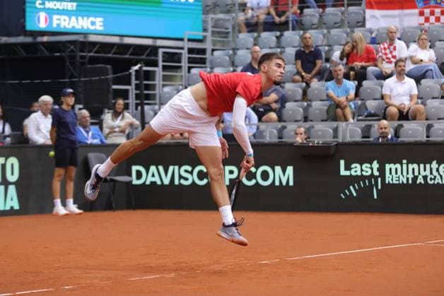 Croatia v France - 2025 Davis Cup Qualifiers Second Round: Day 1 Dino Prizmic of Croatia serves during the 2025 Davis Cup Qualifier second round match between Croatia and France at Dvorana Gradski Vrt on September 12, 2025 in Osijek, Croatia.  DavidxJerkovic PIXSELL
