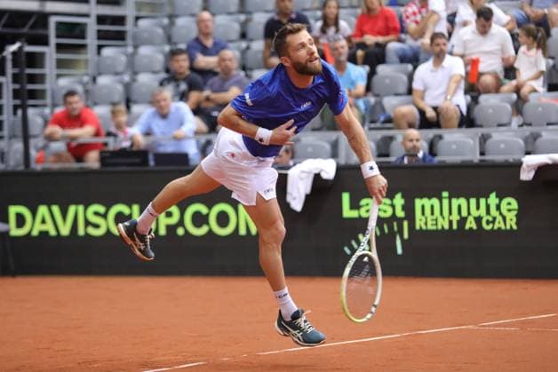 Croatia v France - 2025 Davis Cup Qualifiers Second Round: Day 1 Corentin Moutet of France serves during the 2025 Davis Cup Qualifier second round match between Croatia and France at Dvorana Gradski Vrt on September 12, 2025 in Osijek, Croatia.  DavidxJerkovic PIXSELL