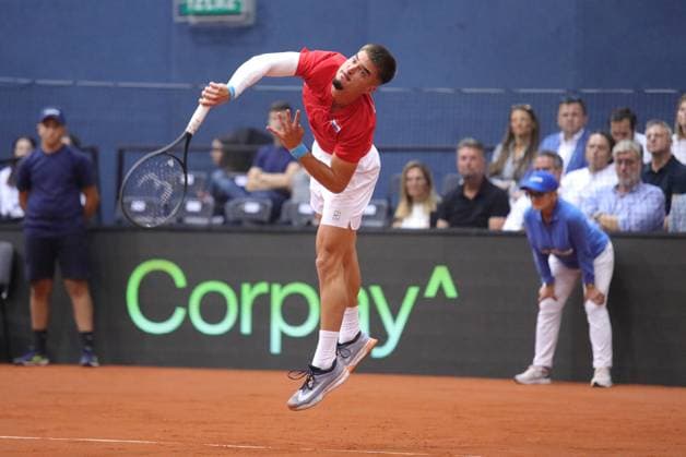 Croatia v France - 2025 Davis Cup Qualifiers Second Round: Day 1 Dino Prizmic of Croatia serves during the 2025 Davis Cup Qualifier second round match between Croatia and France at Dvorana Gradski Vrt on September 12, 2025 in Osijek, Croatia.  DavidxJerkovic PIXSELL