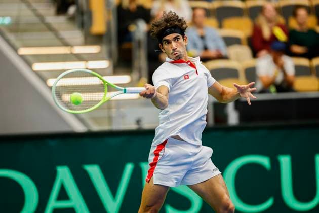 Moez Echargui during the singles match against Leo Borg in the Davis Cup match between Sweden and Tunisia in Partille arena on September 12, 2025 PARTILLE SWEDEN x9200x  Copyright: xAdamxIhse TTx DAVIS CUP SWEDEN-TUNISIA
